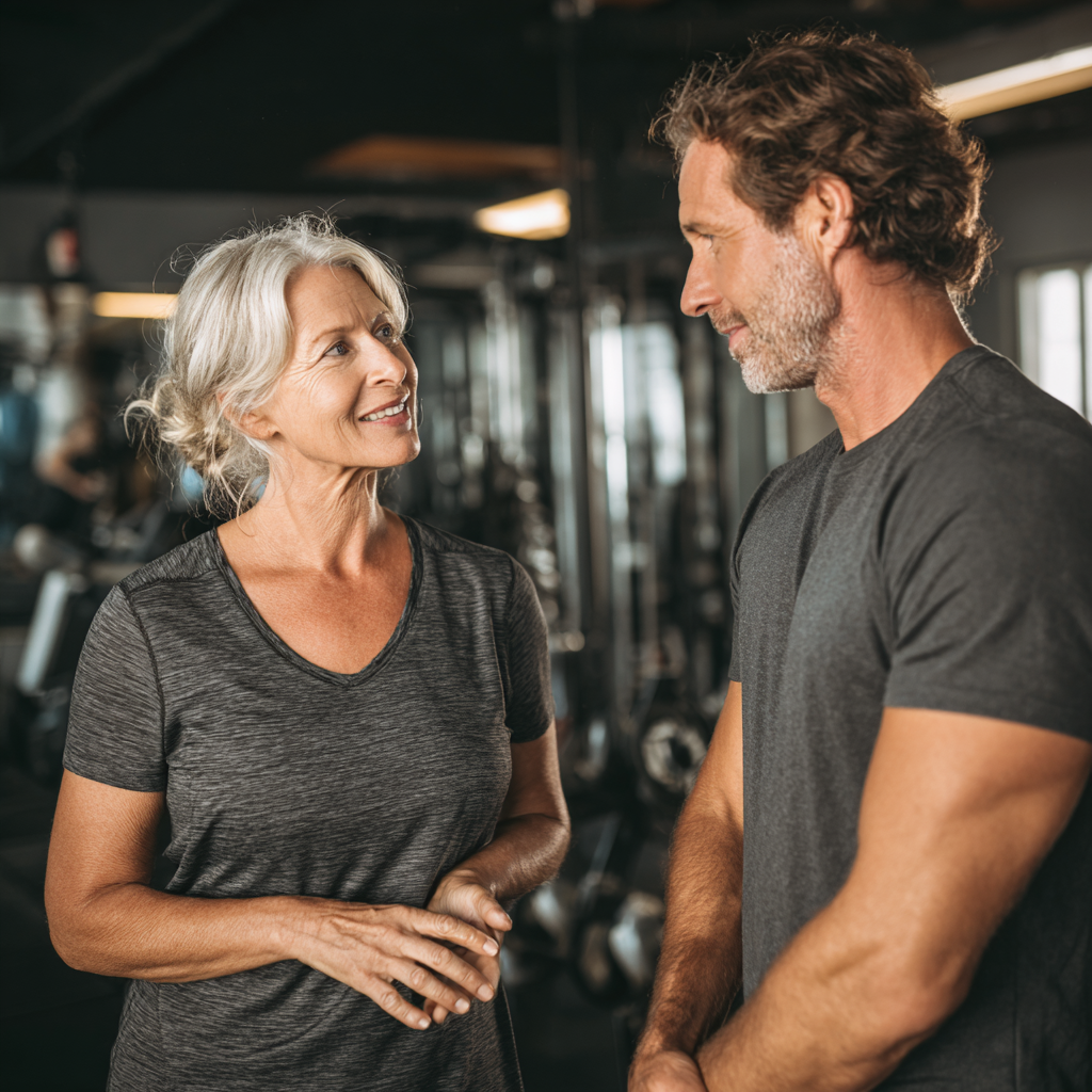 middle-aged person receiving personalized fitness guidance from professional trainer